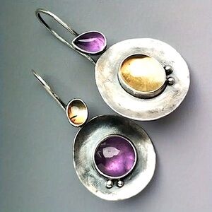 Tribal Silver with Purple, Citrine Stone Dangle Earrings Vintage Bohemian Boho